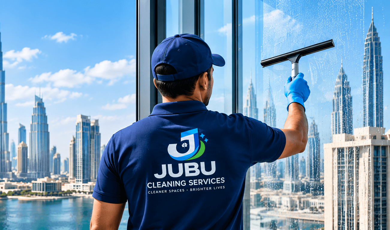 Professional JUBU cleaning team sanitizing office space