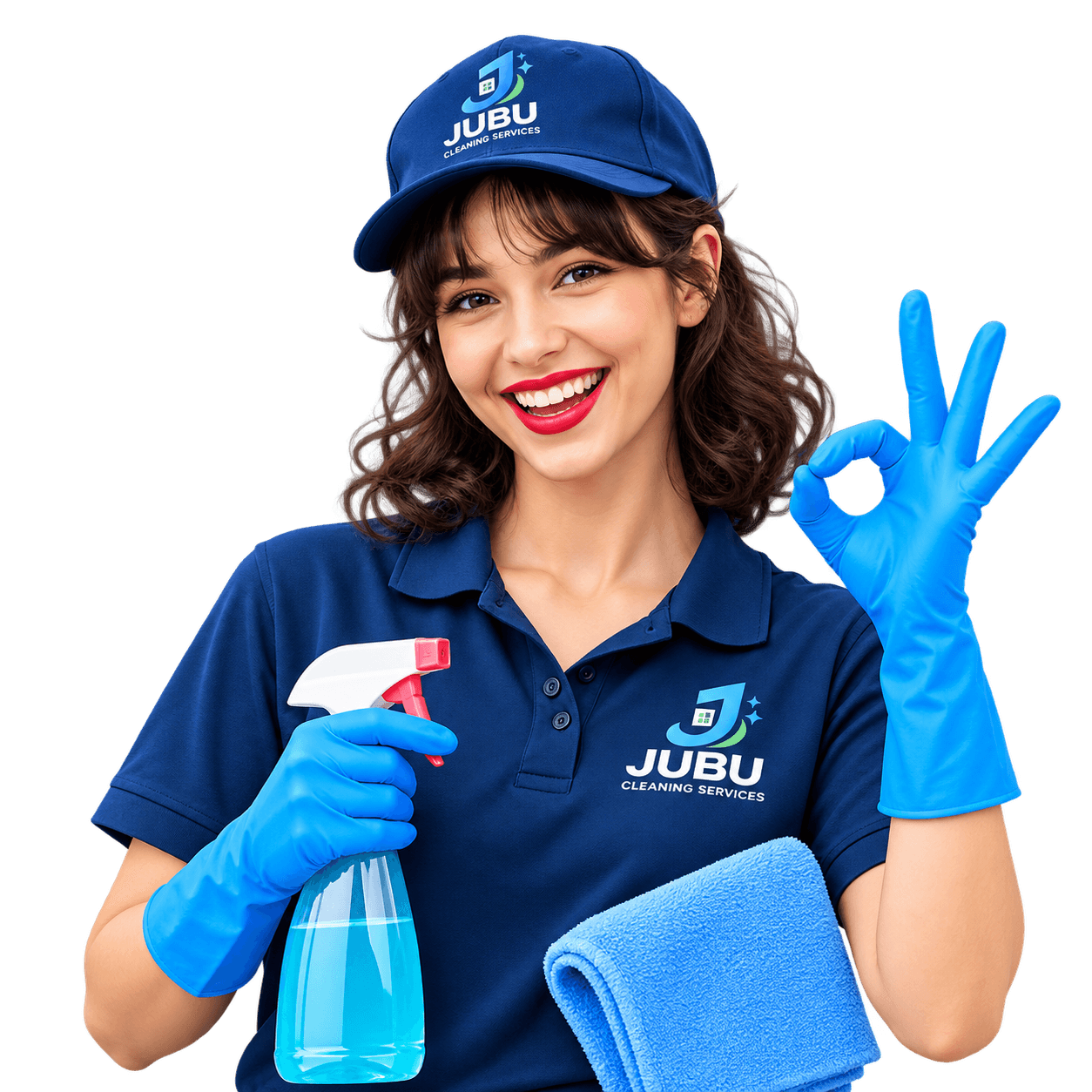 Friendly professional JUBU cleaner giving OK gesture with spray and microfibre cloth