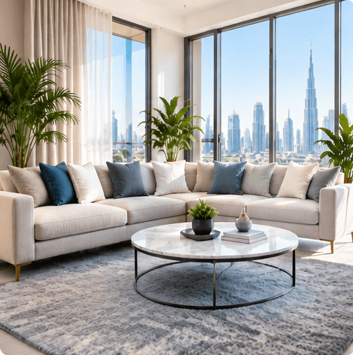 Home Cleaning in Dubai living room with sofa and plants