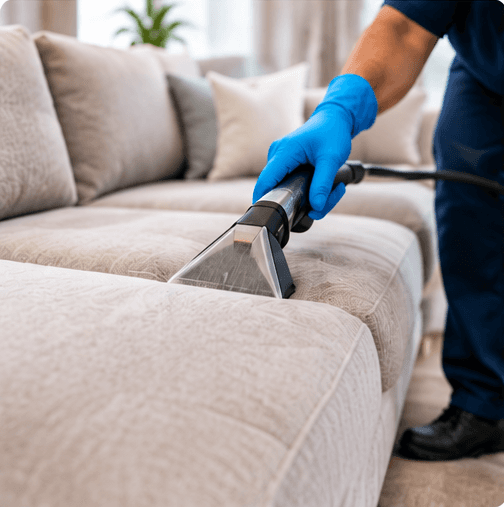 High-power upholstery cleaning on fabric sofa