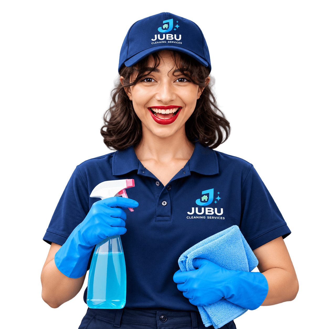 JUBU Professional Cleaner in uniform with spray bottle and cloth