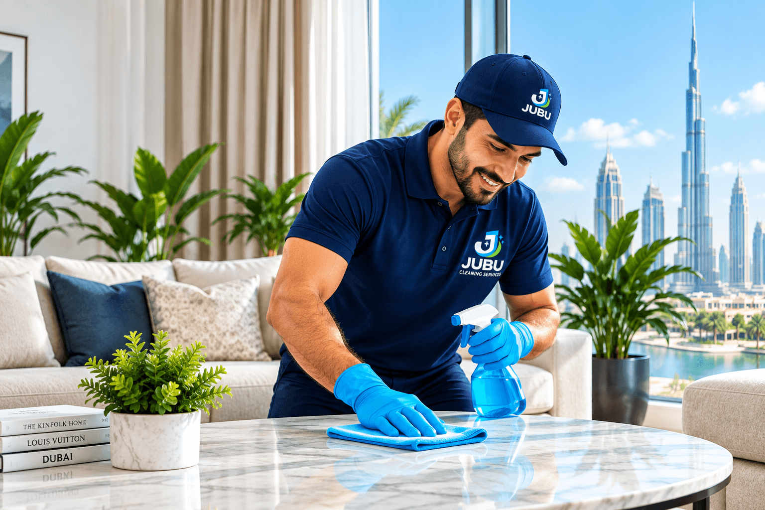 Professional JUBU cleaner sanitizing residential surface with care in Dubai
